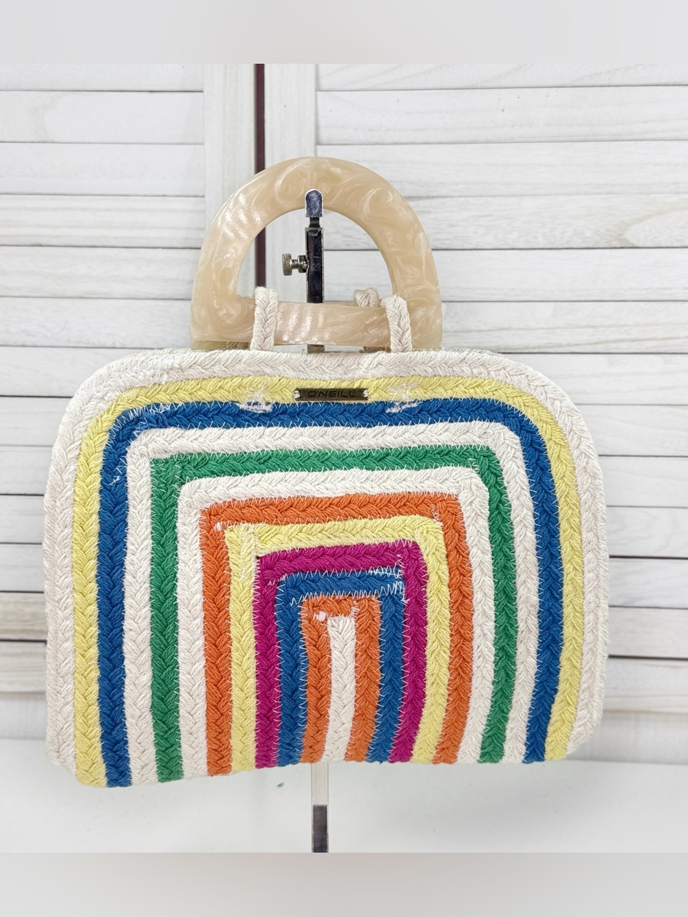 O’Neill Rainbow Woven Pearl Resin Handle Clutch Bag Cream Multi Boho Resort